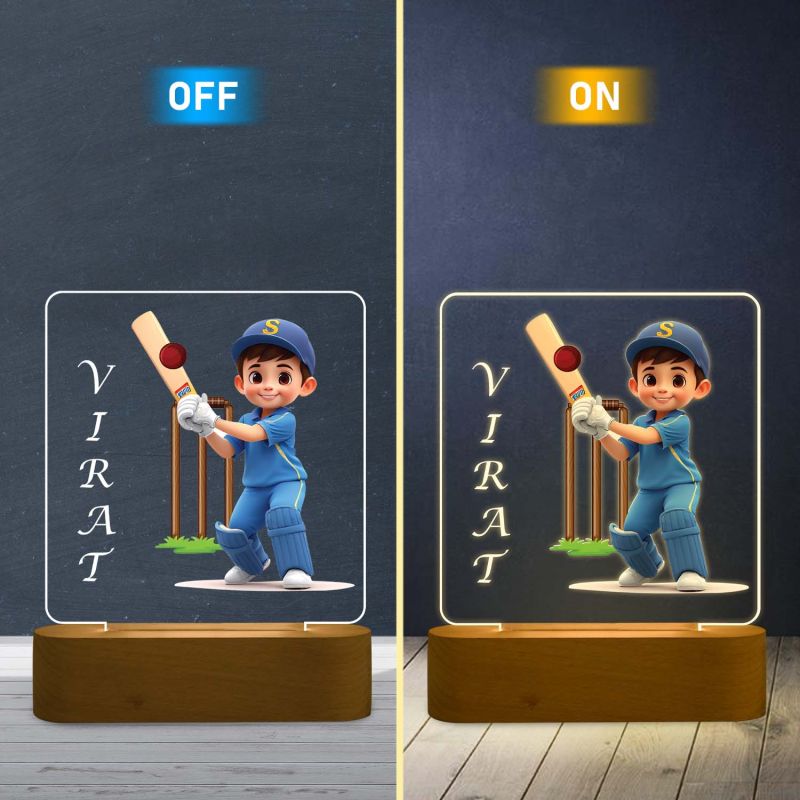 Personalized Cricket Theme LED Night Lamp with Warm White Light & Wooden Stand Gift for Cricket Lover, Boys & Girls Birthday Return Gift Lamp for Sports Fans